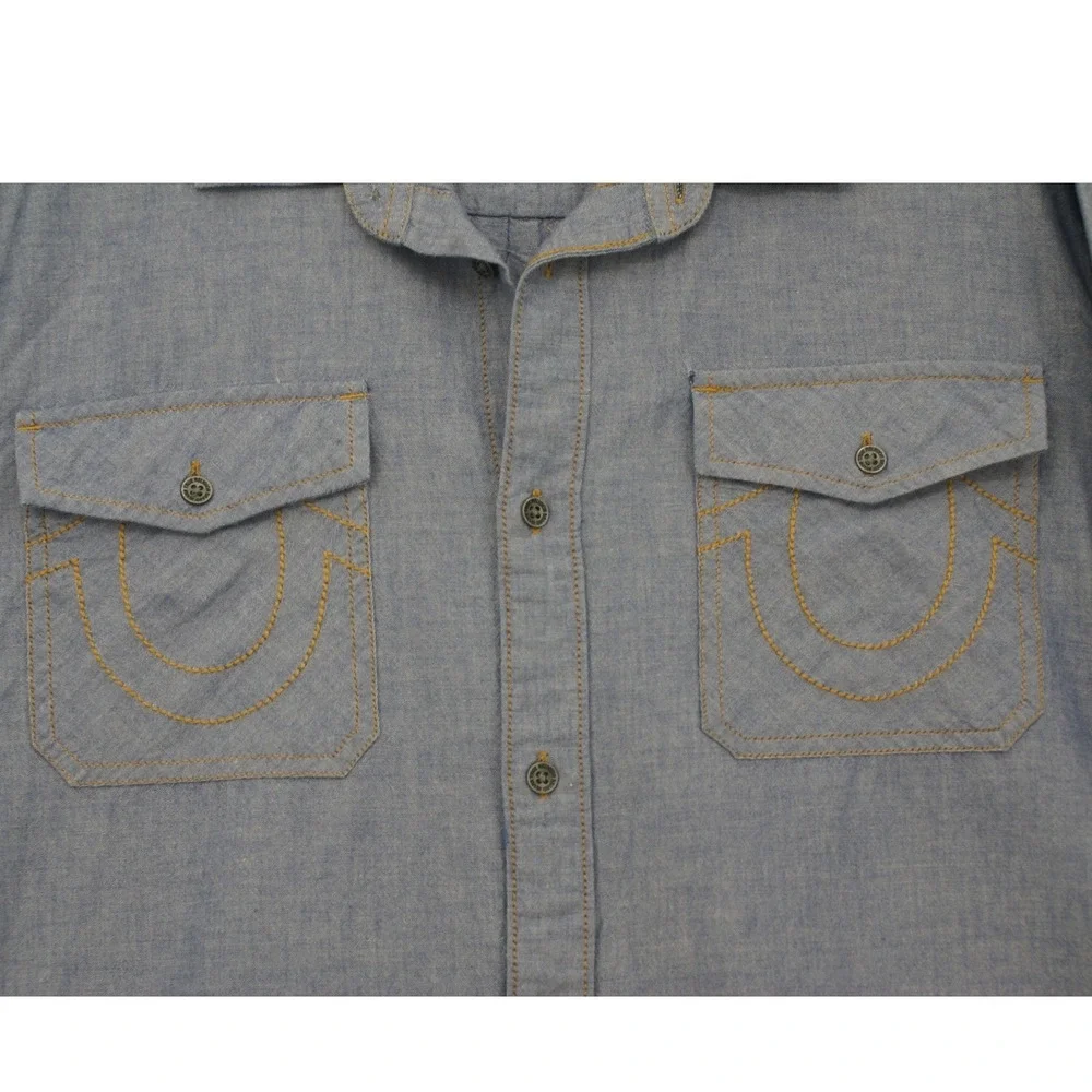 True Religion Mens 2XL Blue Chambray Long Sleeve Horseshoe Button Down Shirt